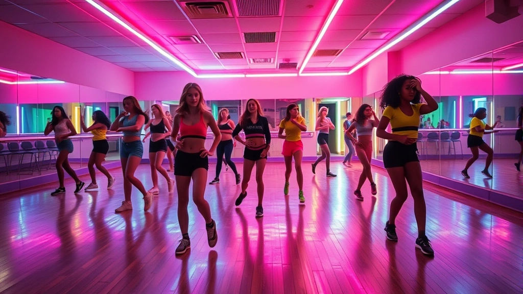 Vibrant 1980s dance studio with colorful neon lighting, teenagers in leg warmers and bright athletic wear practicing energetic choreography, wooden dance floor, mirrors reflecting movement and youthful energy, authentic retro aesthetic without any text or signage visible