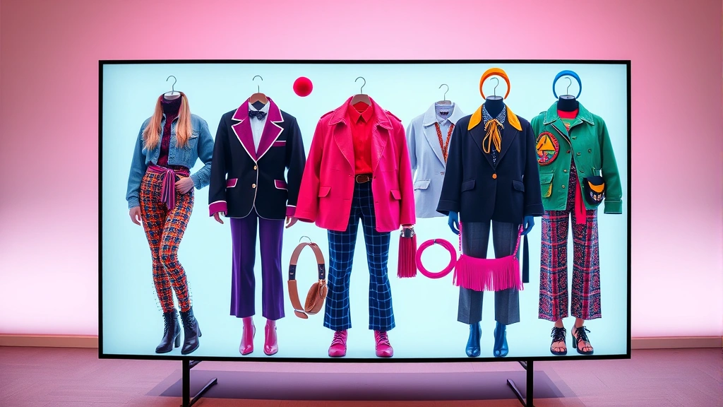 Split-screen showing 1980s fashion elements—neon leg warmers, oversized blazers, colorful accessories, and headbands—arranged on a contemporary digital display with soft studio lighting, no text or labels, photorealistic product styling representing era-defining clothing trends