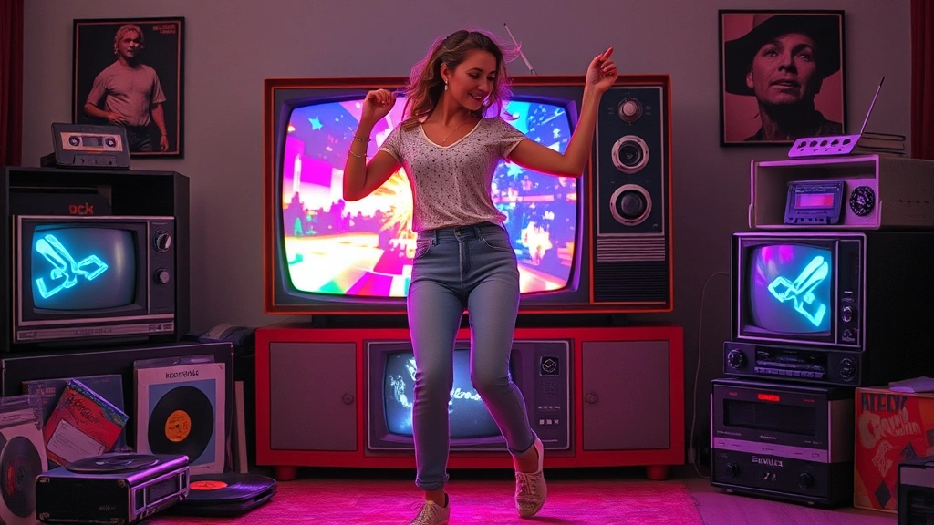 Young woman dancing expressively in front of vintage television set displaying colorful static and imagery, surrounded by 1980s media artifacts like vinyl records and cassette tapes, neon glow lighting, dynamic movement captured mid-dance, nostalgic media environment without visible text