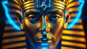 Close-up of a digital god character with golden Egyptian headdress and intricate facial details, ethereal blue light glowing around the face, photorealistic skin texture with divine shimmer, cinematic studio lighting, no text overlay, mystical atmosphere