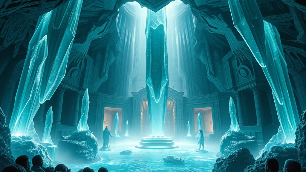 Wide shot of an impossible Underworld landscape with crystalline structures floating impossibly, waterfalls flowing upward, divine energy as pure light, vast cavern architecture with Egyptian motifs, cool blue and teal color palette, photorealistic rendering, cinematic scale, no visible text