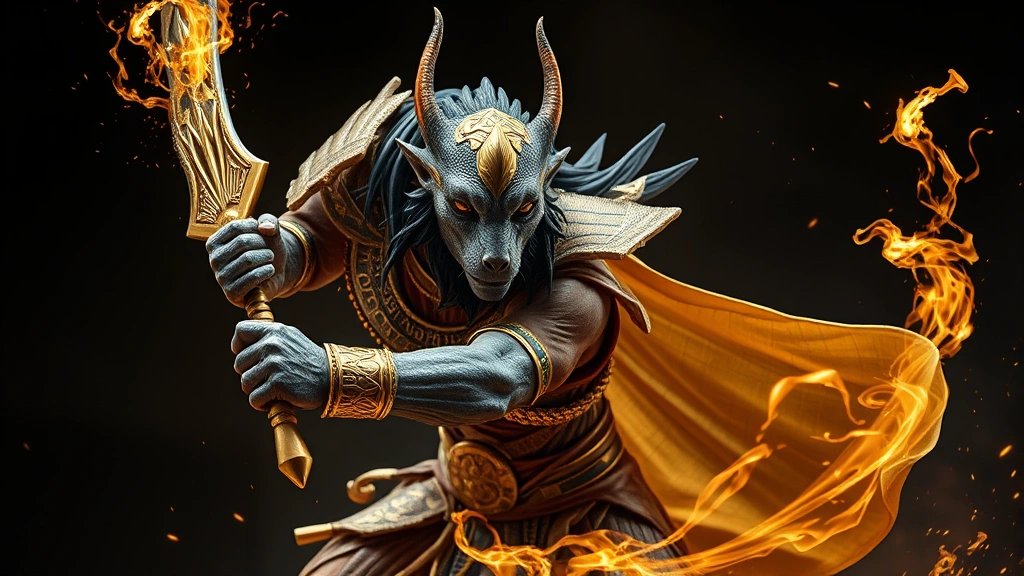 Mid-shot of a hybrid creature divine being with animal and human features blended seamlessly, intricate costume details with Egyptian gold accents, dynamic action pose mid-combat, supernatural aura of energy surrounding the figure, professional cinema lighting, photorealistic yet fantastical appearance, no text elements
