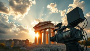 Cinematic shot of ancient Greek temple ruins bathed in golden sunlight, with dramatic clouds overhead and a film camera on a crane in the foreground, representing epic mythology filmmaking