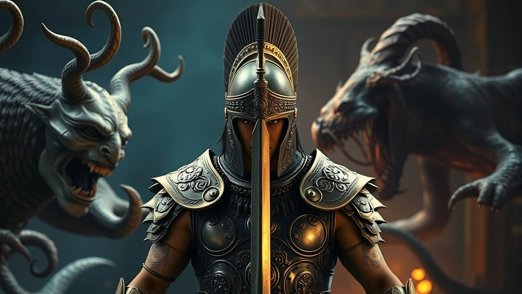 Split-screen composition showing a warrior in ornate bronze armor facing off against mythological creatures including Medusa and a kraken, with theatrical lighting and cinematic depth of field