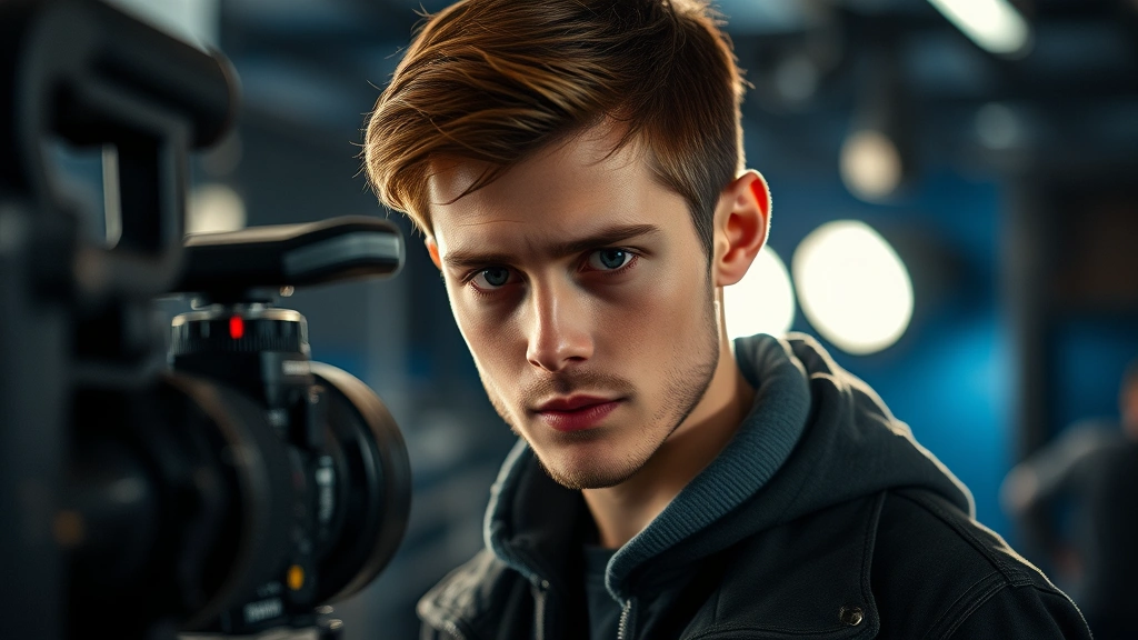 Young male actor in professional film setting, intense dramatic expression, cinematic lighting, contemporary movie production environment, focused concentration on craft