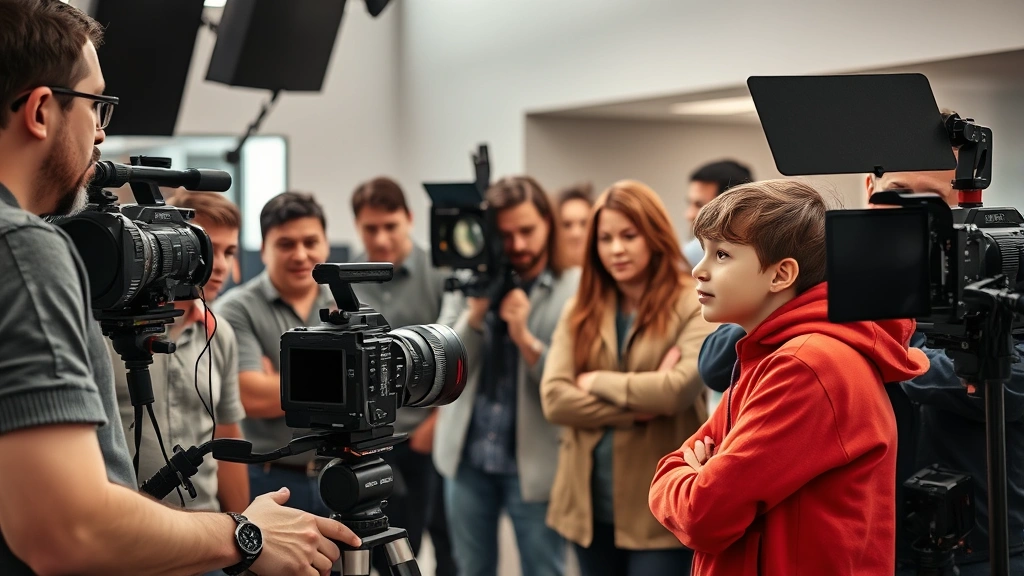 Film production scene with diverse crew members collaborating, camera equipment visible, creative energy between director and young performer, behind-the-scenes authenticity, modern studio atmosphere