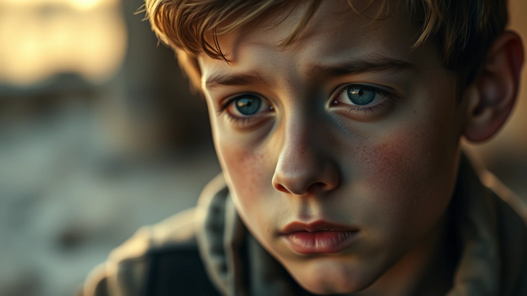 Close-up portrait of focused young actor in character, emotional vulnerability visible, professional cinematography style, warm dramatic lighting, artistic film aesthetic, genuine human expression
