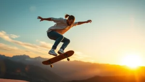 Professional skateboarder performing aerial trick at sunset with mountains in background, captured mid-air with dynamic motion blur, golden hour lighting, photorealistic sports photography