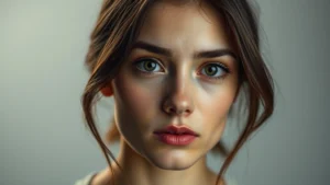 Close-up of a young woman actor in contemplative expression, soft studio lighting, neutral background, cinematic quality, professional headshot style, thoughtful gaze, natural makeup, modern photography