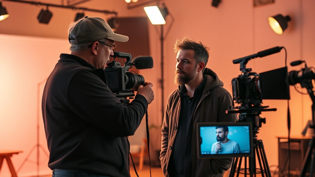 Film production set with director and actor collaborating, warm lighting, creative environment, professional camera equipment visible, artistic atmosphere, modern filmmaking context, collaborative moment