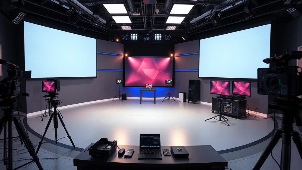 Television studio or streaming production environment, professional lighting setup, contemporary media production space, digital displays and equipment, modern entertainment industry setting, professional atmosphere
