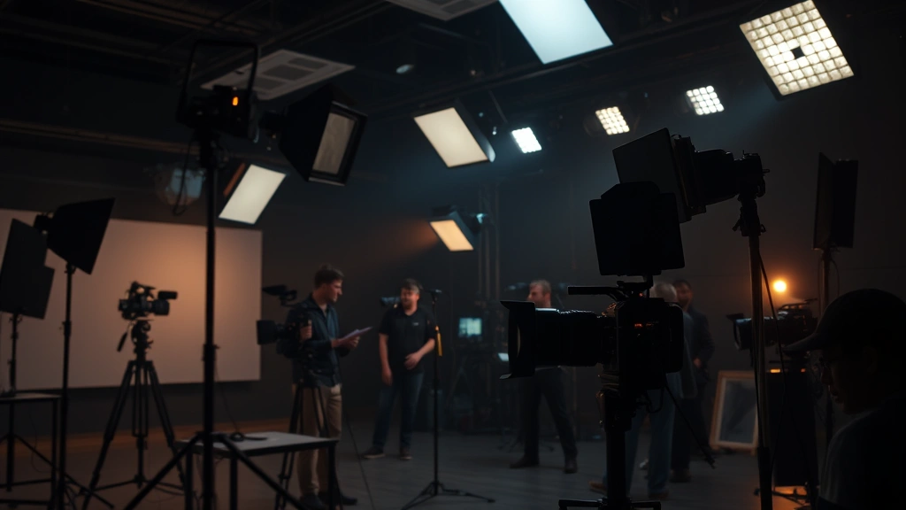Television production set with professional lighting rigs, dramatic shadowy atmosphere, film crew working in background, cinematic composition, prestige drama aesthetic, moody color grading, no screens or visible text, professional cinematography style
