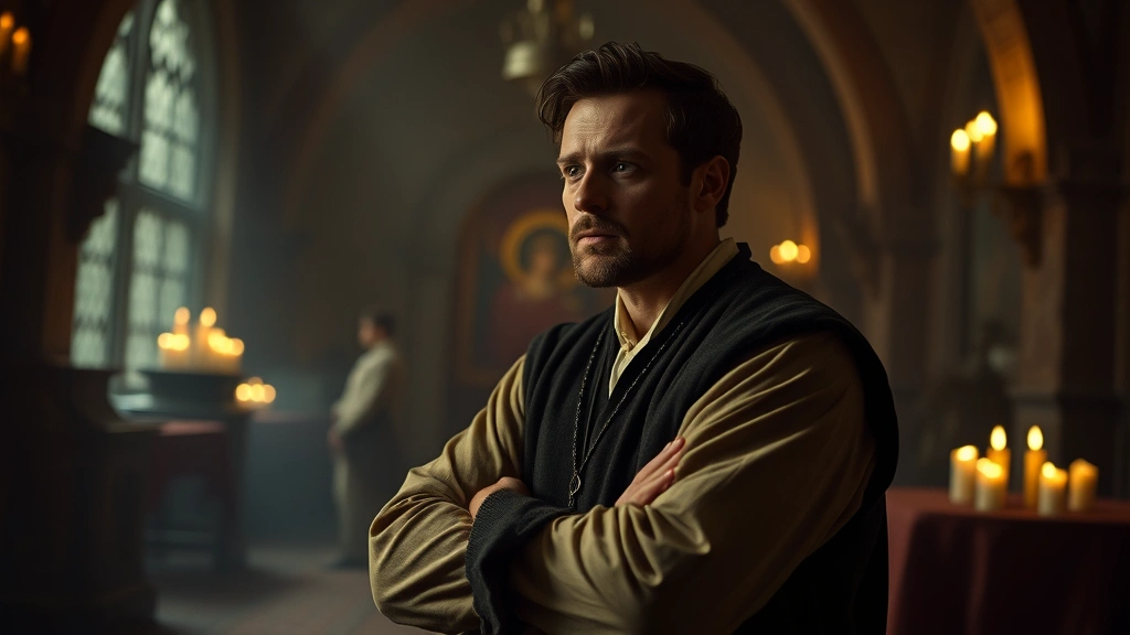 Character actor in period costume, contemplative pose, atmospheric interior setting, candlelit ambiance, mysterious religious or historical context suggested by environment, photorealistic period drama quality, no visible text or clear identifying features