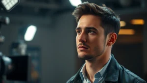 Professional male actor in modern cinematic setting, thoughtful expression during dramatic scene, contemporary film production lighting, intimate character study atmosphere, photorealistic professional photography