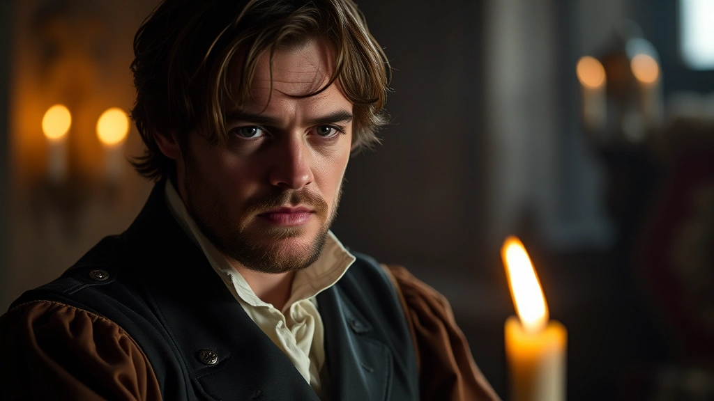 Actor in period costume during intense dramatic moment, historical film production design, candlelit or natural lighting, emotional vulnerability captured through subtle facial expression, cinematic depth of field