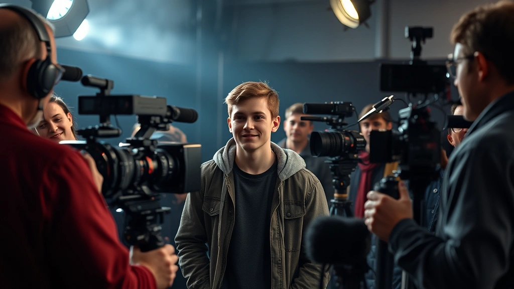 Young male performer on film set surrounded by professional camera equipment and crew, collaborative creative environment, behind-the-scenes documentary style, authentic working actor moment, production quality lighting