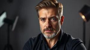 Professional headshot of mature male actor in dramatic lighting, thoughtful expression, contemporary studio setting, high-quality cinematography style