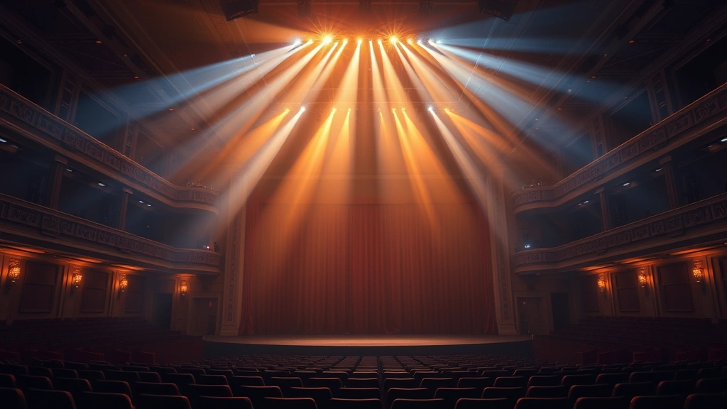 Theater stage with dramatic lighting design, empty theater interior with atmospheric amber and blue tones, architectural theater details
