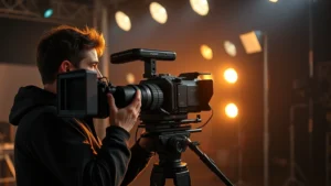 Filmmaker adjusting professional cinema camera on set with dramatic lighting setup, focus on technical equipment and directorial control