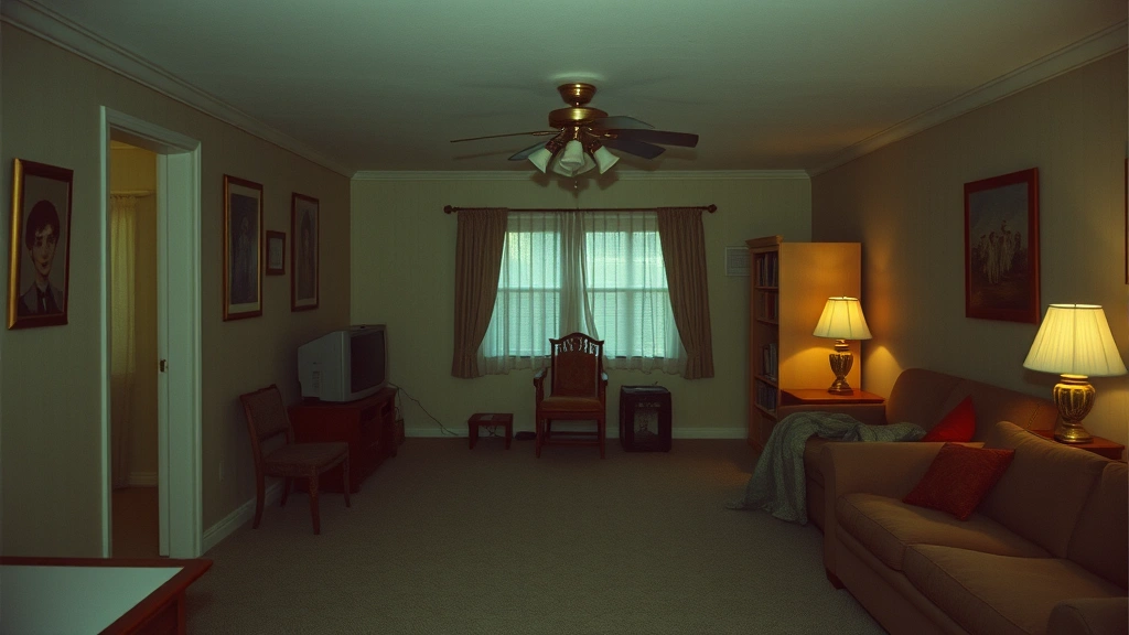 Vintage 1980s-style suburban interior space with unsettling color grading, muted greens and sickly yellows, empty and eerie domestic environment