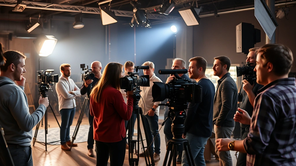 Film production set environment with diverse crew members collaborating, cameras and lighting equipment visible, creative teamwork atmosphere, behind-the-scenes cinema production energy