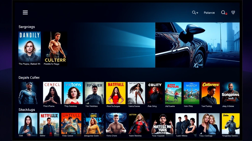 Contemporary streaming and digital media interface showing film content library, multiple genre categories displayed, modern entertainment consumption visualization, colorful digital design aesthetic