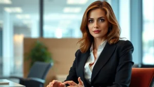 Professional actress in sophisticated business attire, sitting in modern office environment with dramatic lighting, confident expression, professional photography, 1990s aesthetic