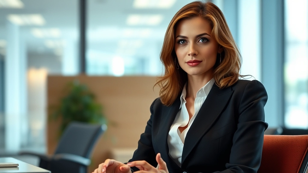 Professional actress in sophisticated business attire, sitting in modern office environment with dramatic lighting, confident expression, professional photography, 1990s aesthetic