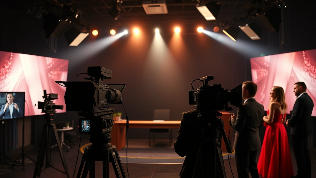 Television studio set with dramatic lighting setup, professional cameras and equipment, evening wear visible, sophisticated entertainment production environment, cinematic quality