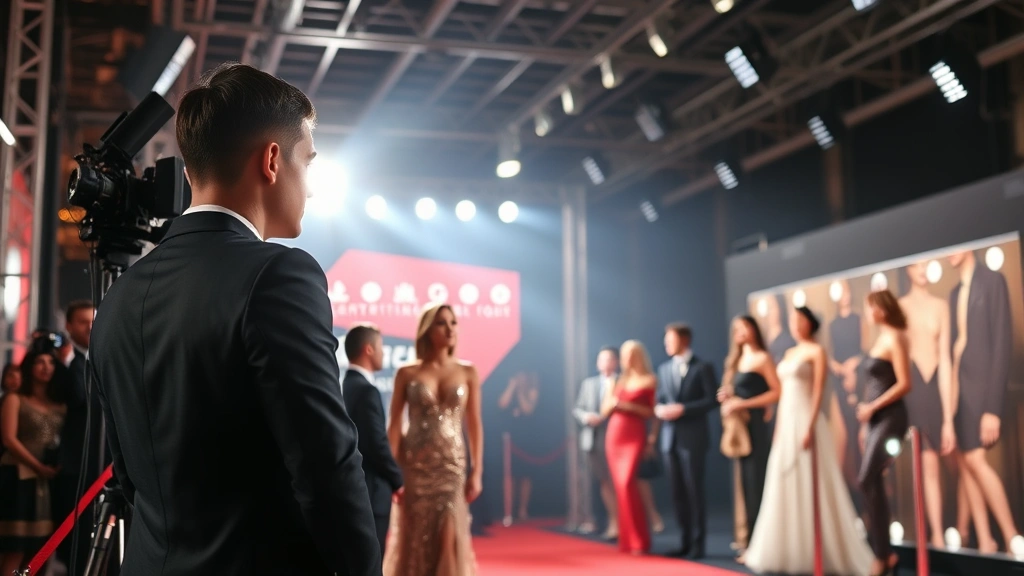 Glamorous entertainment industry event setting, elegant formal wear, professional photography lighting, sophisticated atmosphere, red carpet aesthetic, contemporary professional environment