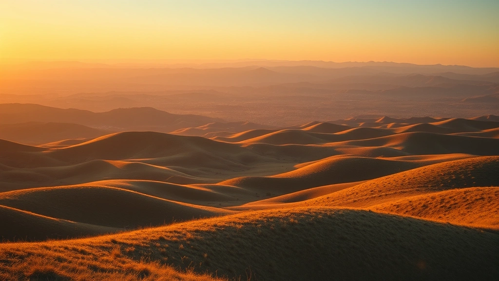 Wide California landscape vista during golden hour, rolling hills meeting distant mountains, natural light creating warm atmospheric depth, cinematic composition emphasizing isolation and vastness, photorealistic lighting and environment detail