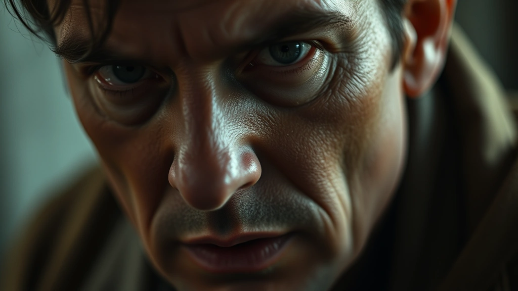 Close-up of actor's face showing complex emotional expression, subtle lighting revealing psychological depth, intimate character study moment, naturalistic film cinematography style, period-appropriate appearance without text or identifying markers