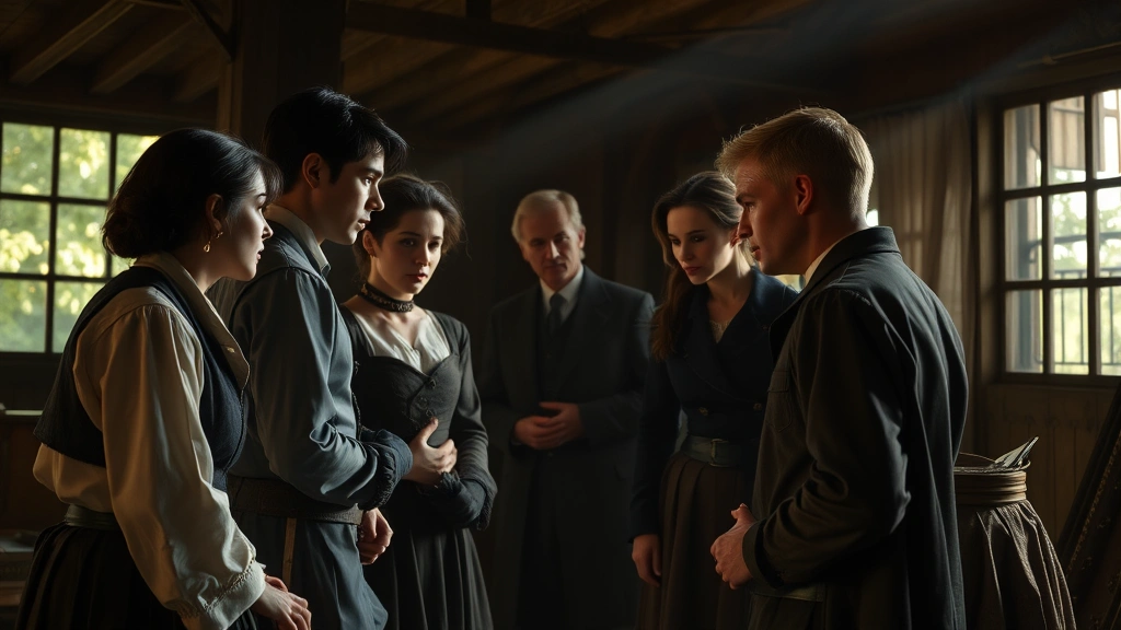 Intimate group scene showing ensemble cast interaction in period setting, natural lighting creating atmospheric tension, multiple figures demonstrating group dynamics and psychological relationships, cinematic composition emphasizing human connection and complexity