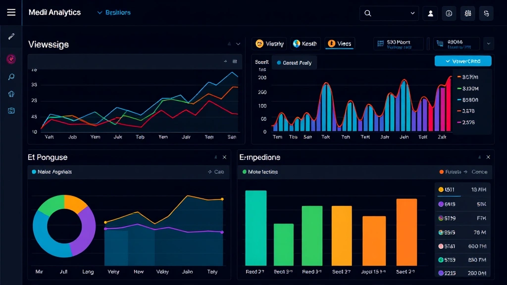 Digital media analytics dashboard with colorful graphs and streaming platform icons, showing viewership trends and engagement metrics for online entertainment content, modern tech aesthetic, no text or interface elements visible