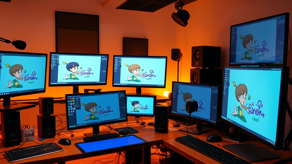 Professional animation studio workspace with multiple computer monitors displaying character animation software, digital art tablets, and creative tools, warm lighting, collaborative environment, no visible screen content or code
