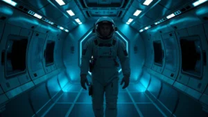 Minimalist spaceship interior with metallic walls and soft blue lighting, isolated figure in center wearing worn space suit, no text or screens visible, photorealistic aesthetic emphasizing solitude and confinement