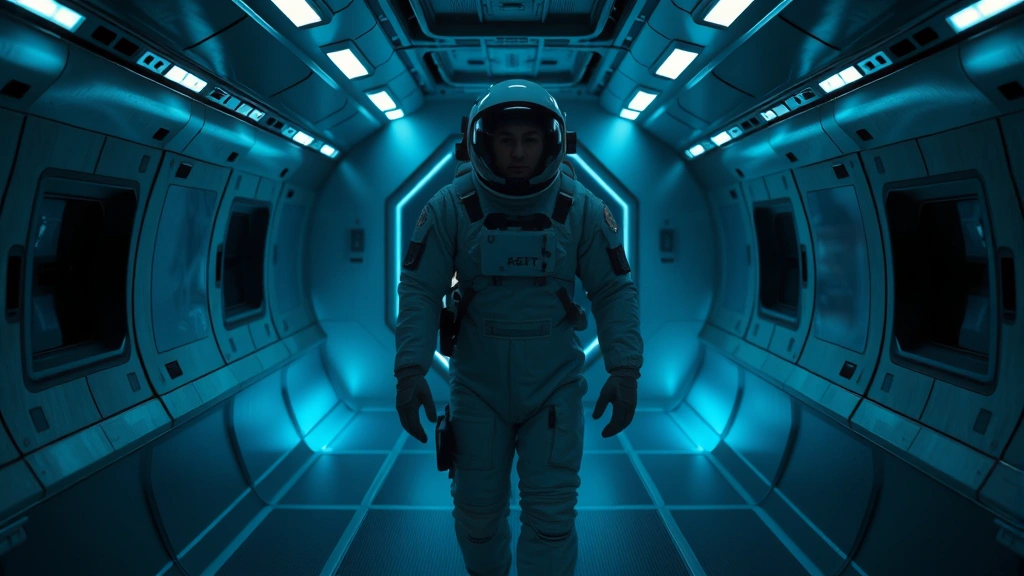 Minimalist spaceship interior with metallic walls and soft blue lighting, isolated figure in center wearing worn space suit, no text or screens visible, photorealistic aesthetic emphasizing solitude and confinement