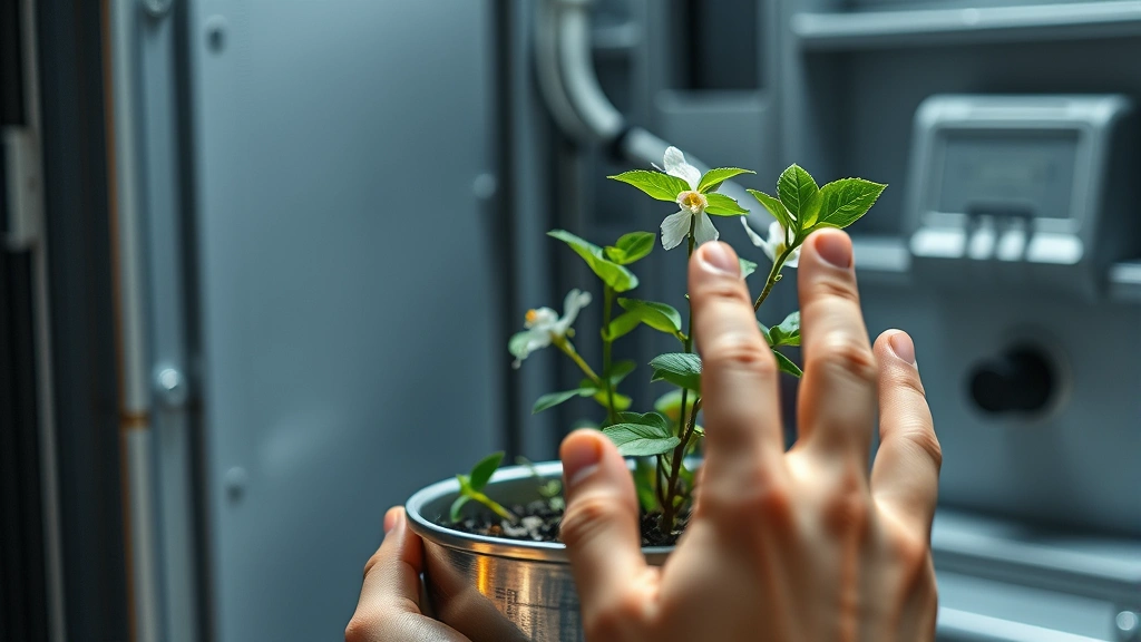 Close-up of human hands reaching toward delicate flowering plant growing inside industrial metal container, natural organic growth contrasting against sterile technological background, photorealistic detail work