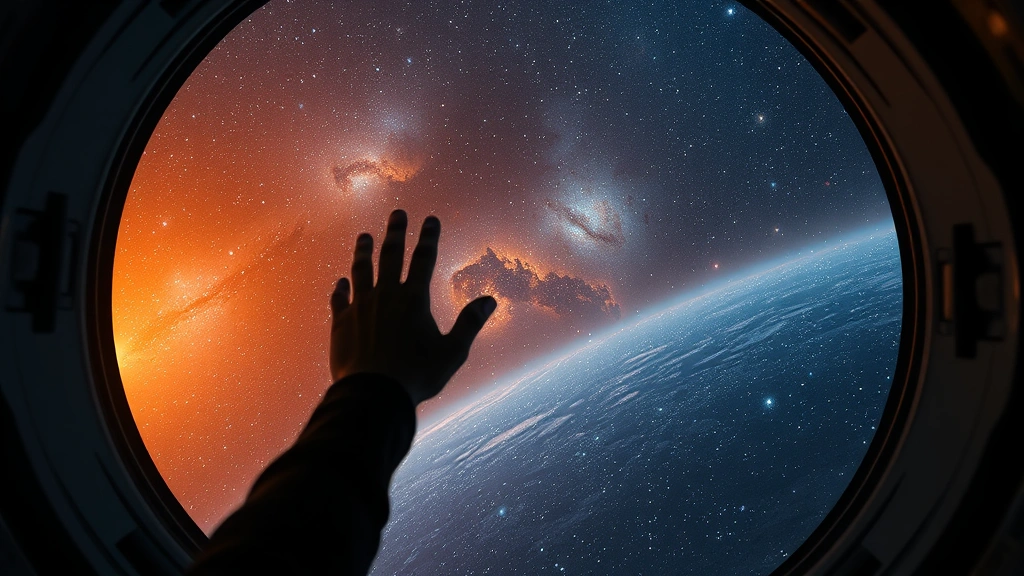 Vast cosmic view through spaceship viewport showing distant stars and nebula, small silhouette of person pressed against window glass, sense of overwhelming isolation and scale, photorealistic space photography quality
