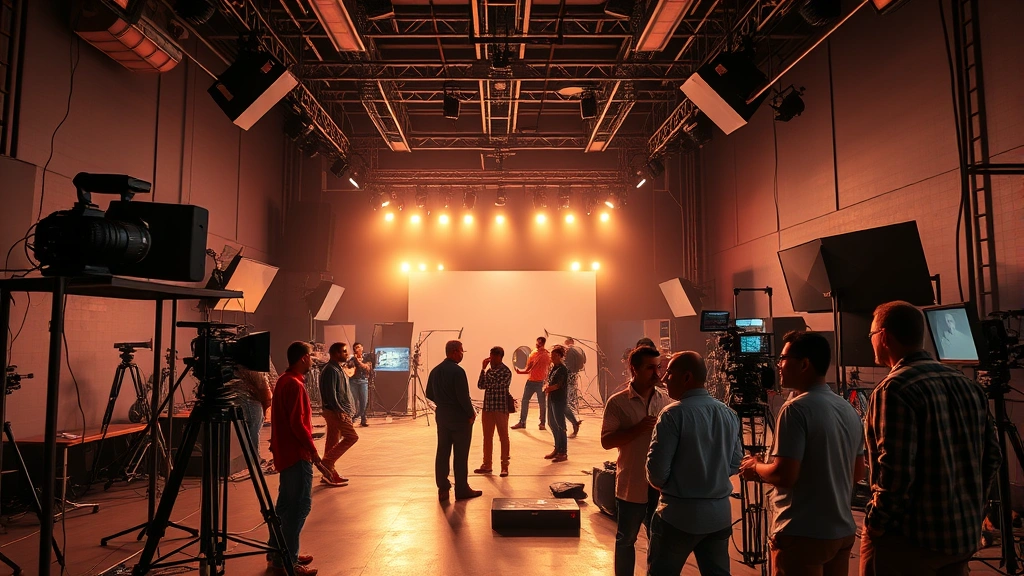 Wide-angle shot of a modern Mumbai film production studio with professional lighting rigs, camera equipment, and diverse crew members collaborating on a Hindi movie set, warm cinematic lighting, vibrant energy, professional atmosphere