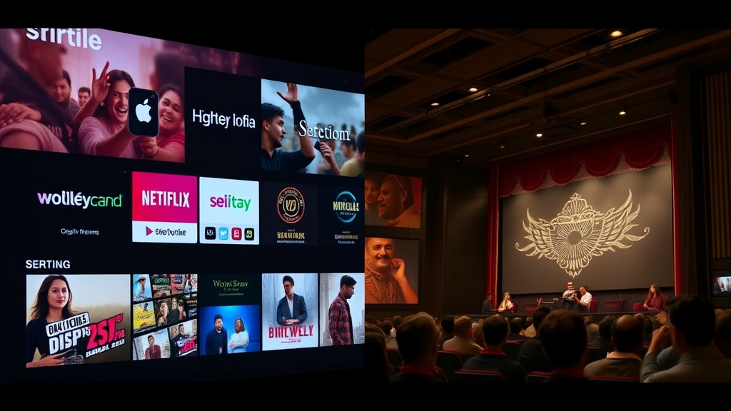 Split-screen composition showing streaming platform interfaces on one side and traditional theatrical cinema on the other, representing the evolution of Bollywood distribution, modern digital aesthetic, clean professional design