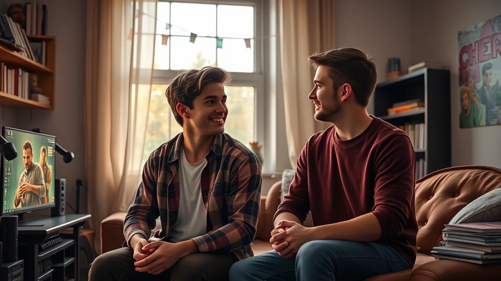 Young adult couple in casual modern apartment with gaming setup and comic book collection visible, natural lighting through windows, candid conversational moment, warm intimate atmosphere, photorealistic digital cinema style