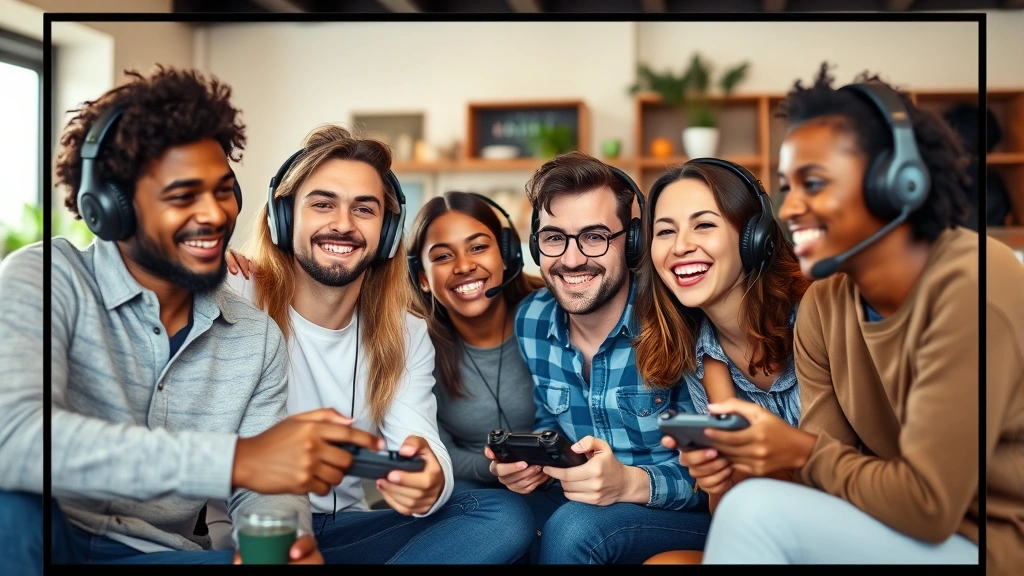 Split-screen showing diverse group of friends in casual hangout setting, some wearing gaming headsets or holding controllers, coffee shop or living room environment, authentic friendship dynamics, natural diverse representation