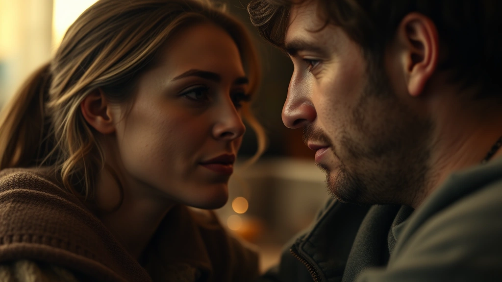 Close-up of two people having vulnerable emotional conversation in intimate setting, soft warm lighting, genuine eye contact, emotional authenticity conveyed through facial expressions, cinematic intimate moment, no text or interfaces