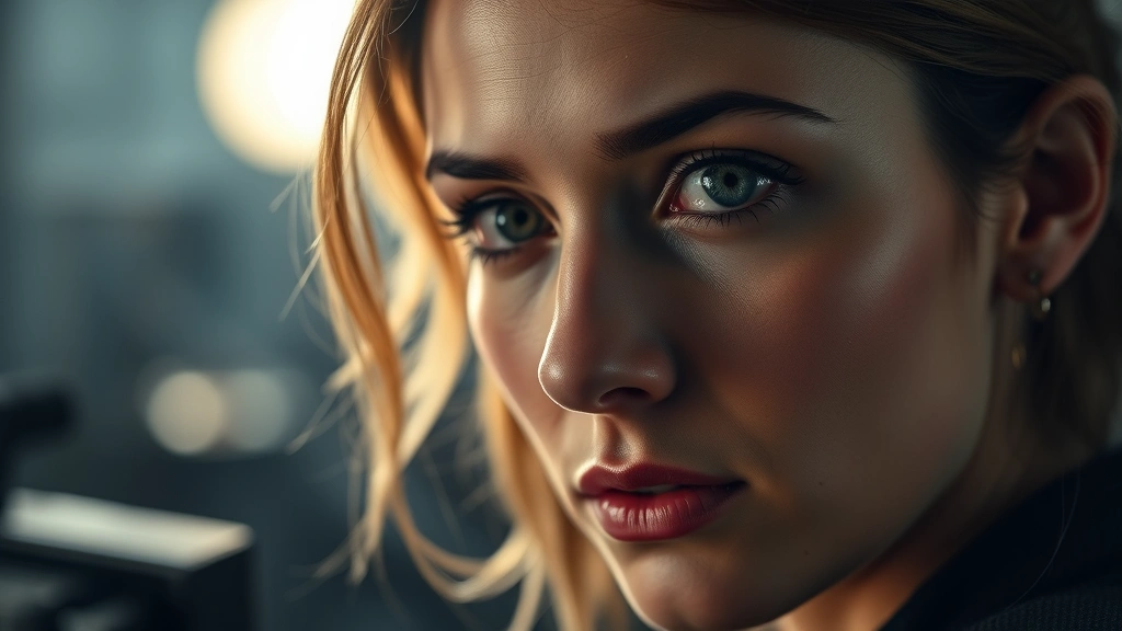 Close-up of a professional female film actress during an intimate dramatic scene, soft studio lighting, expressive eyes conveying complex emotion, blurred film set background, cinematic depth of field, contemporary professional photography style