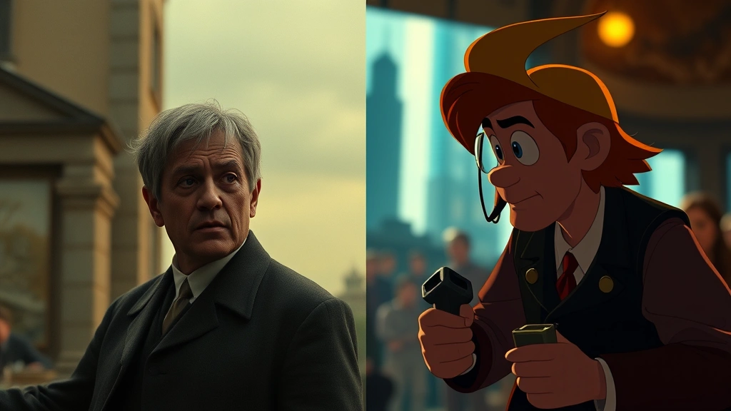 Split-screen composition showing diverse film genres: left side dramatic period piece aesthetic with muted tones, right side bright animated scene, representing versatility in cinema performance, professional digital media composition