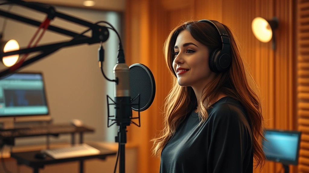 Female performer in recording studio setting, professional microphone setup, sound engineering equipment visible in soft focus, warm amber lighting, representing voice acting work in animation, contemporary media production environment