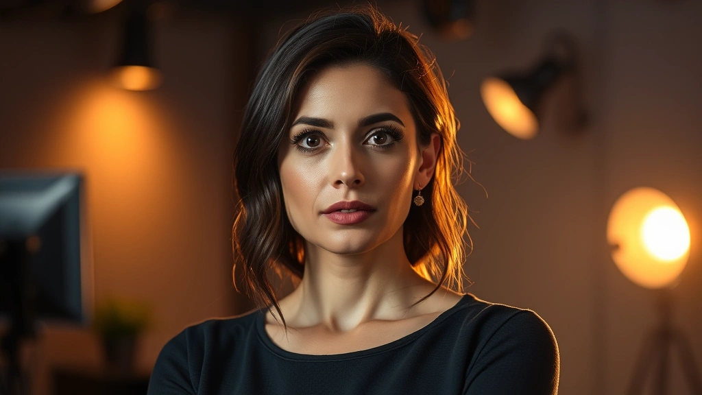 Professional actress in dramatic lighting, thoughtful expression, modern television studio setting, contemporary professional headshot style, warm lighting emphasizing emotional depth and intelligence