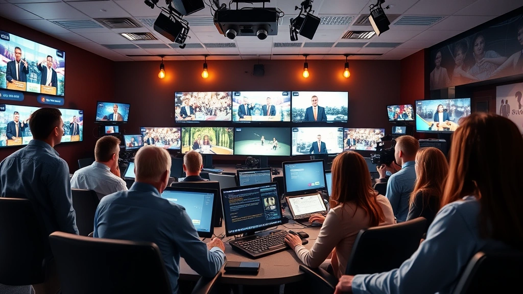 Diverse group of television professionals in modern production control room, monitoring multiple screens showing different shows, collaborative creative environment with technical equipment and displays