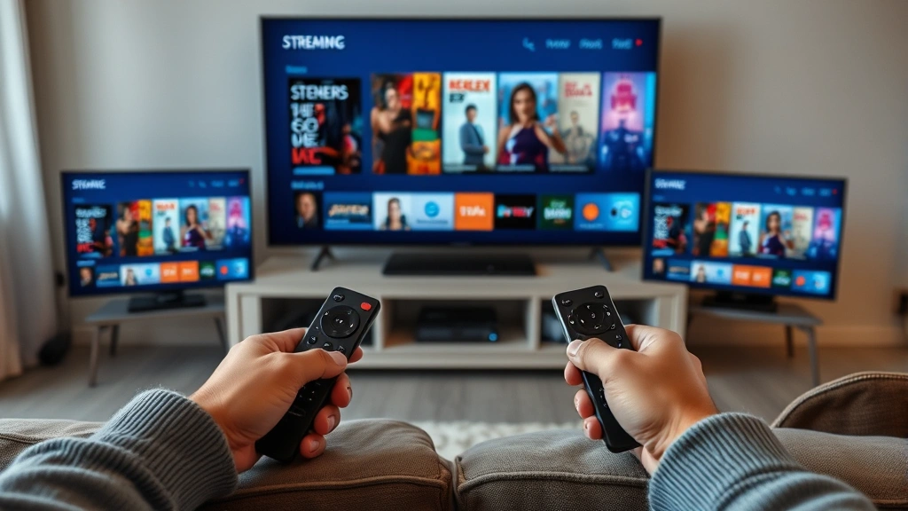 Streaming service interface displayed on multiple devices showing television series library, hands holding remote controls, couch viewing setup, contemporary home entertainment technology
